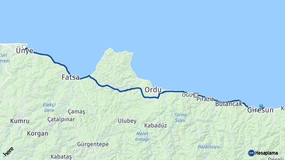 Giresun Ünye Ordu Arası Kaç Km - Yol Haritası