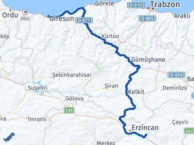 Giresun Üzümlü Erzincan Arası Kaç Km - Yol Haritası