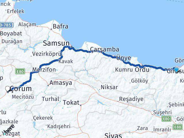 Yağlıdere Çorum Arası Kaç Km - Yol Tarifi