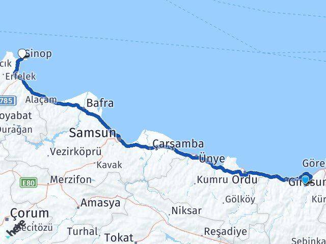 Yağlıdere Sinop Arası Kaç Km - Yol Tarifi