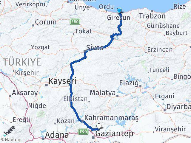 Giresun Yavuzeli Gaziantep Arası Kaç Km - Yol Haritası