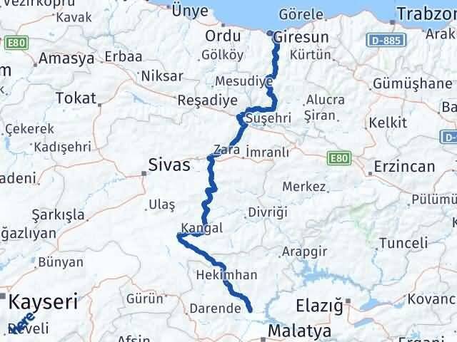 Giresun Yazıhan Malatya Arası Kaç Km - Yol Haritası
