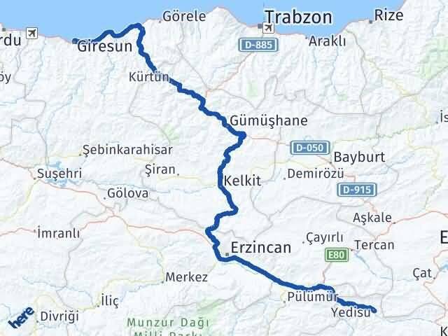 Giresun Yedisu Bingöl Arası Kaç Km - Yol Haritası