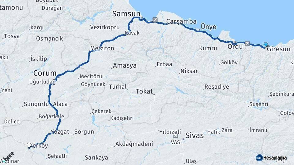 Giresun Yerköy Yozgat Arası Kaç Km - Yol Haritası