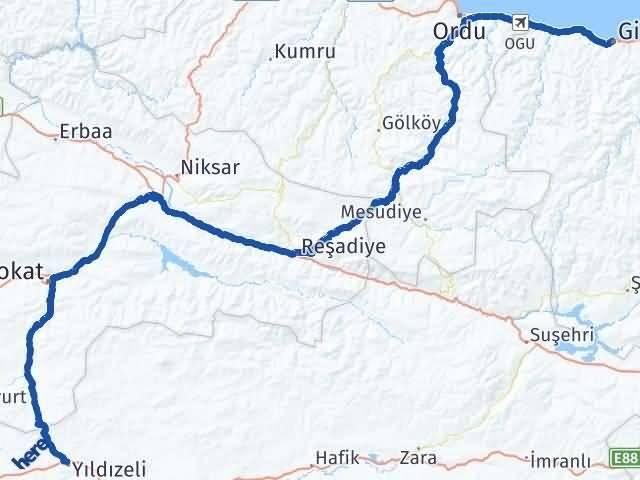 Giresun Yıldızeli Sivas Arası Kaç Km - Yol Haritası