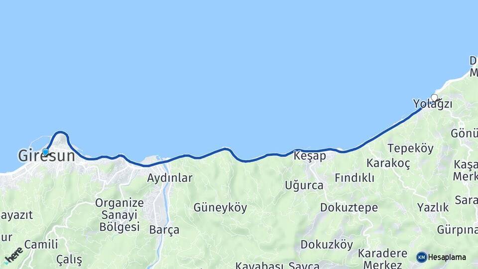 Giresun Yolağzı Keşap Arası Kaç Km - Yol Haritası