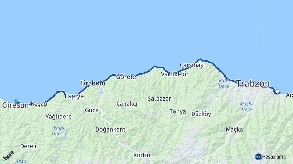 Giresun Yomra Trabzon Arası Kaç Km - Yol Haritası