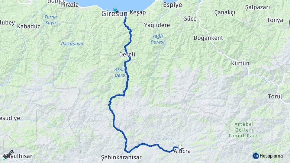 Giresun Yunus Emre Alucra Arası Kaç Km - Yol Haritası