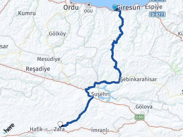 Giresun Zara Sivas Arası Kaç Km - Yol Haritası