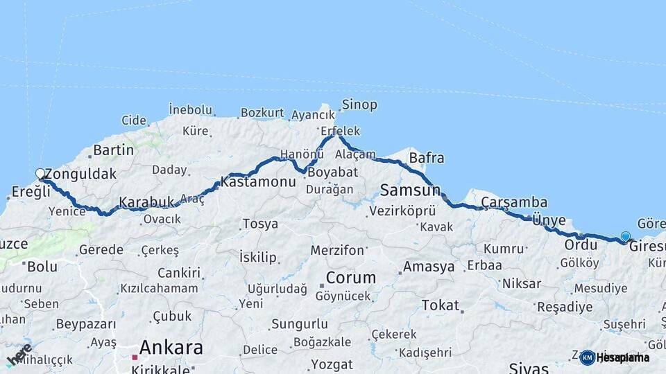 Giresun Zonguldak Arası Kaç Km - Yol Haritası