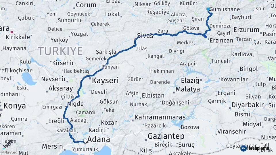 Gümüşhane Adana Arası Kaç Km - Yol Haritası