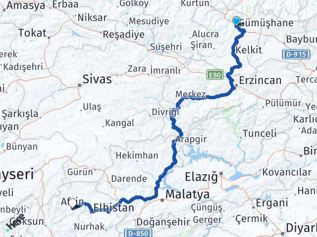 Gümüşhane Afşin Kahramanmaraş Arası Kaç Km - Yol Haritası