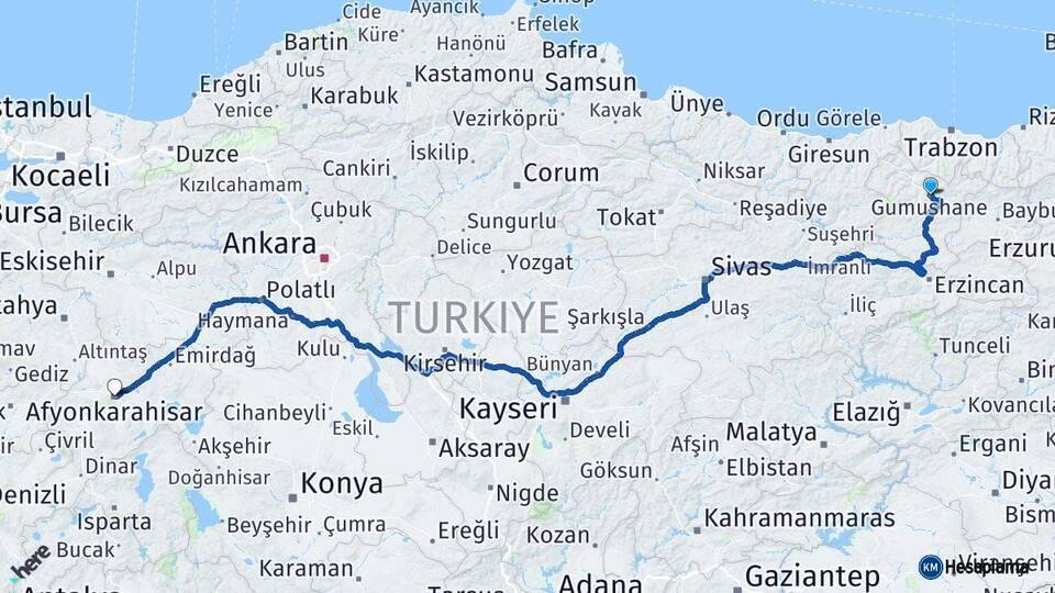 Gümüşhane Afyonkarahisar Arası Kaç Km - Yol Haritası