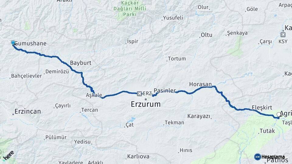 Gümüşhane Ağrı Arası Kaç Km - Yol Haritası