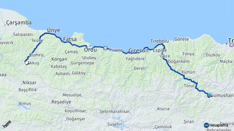 Gümüşhane Akkuş Ordu Arası Kaç Km - Yol Haritası