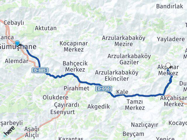 Gümüşhane Akpınar Arası Kaç Km - Yol Haritası