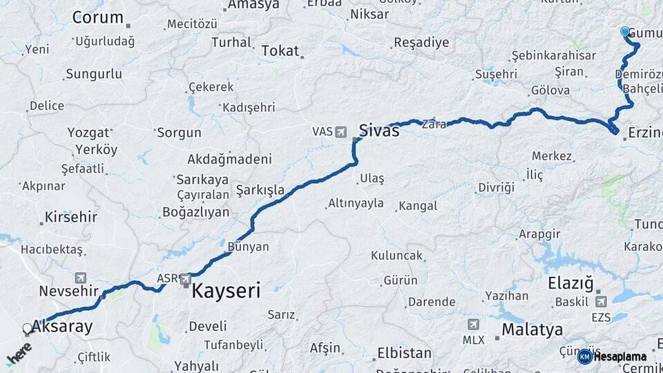 Gümüşhane Aksaray Arası Kaç Km - Yol Haritası