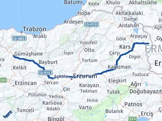 Gümüşhane Akyaka Kars Arası Kaç Km - Yol Haritası