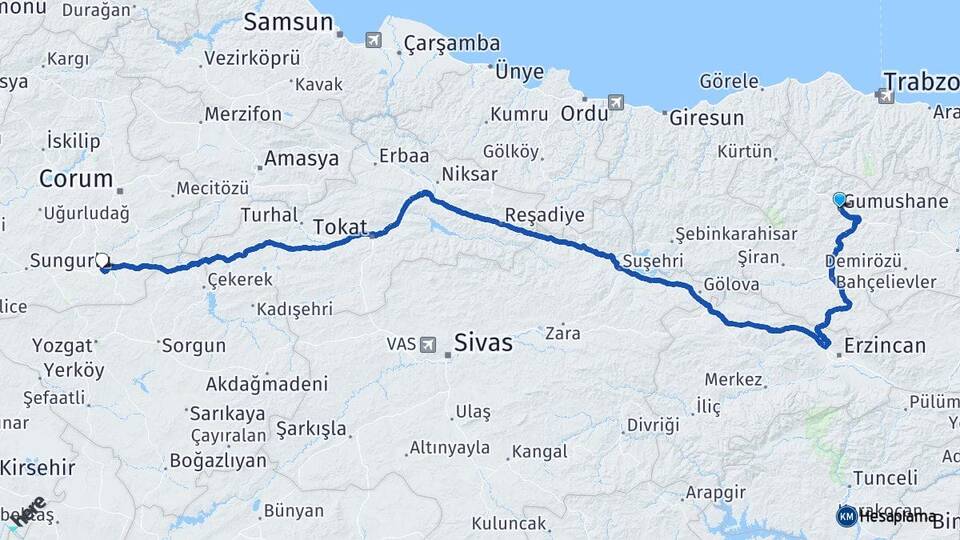 Gümüşhane Alaca Çorum Arası Kaç Km - Yol Haritası