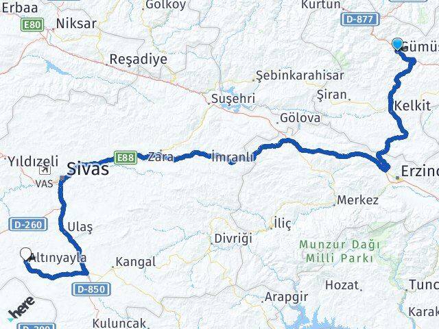 Gümüşhane Altınyayla Sivas Arası Kaç Km - Yol Haritası