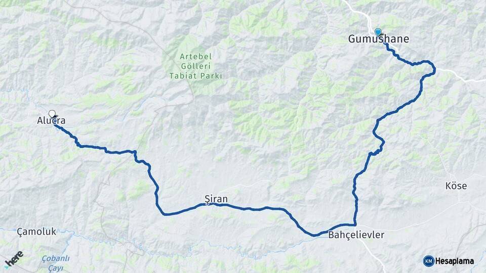 Gümüşhane Alucra Giresun Arası Kaç Km - Yol Haritası