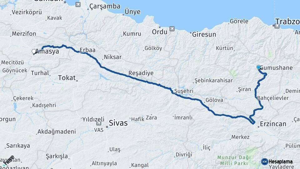 Gümüşhane Amasya Arası Kaç Km - Yol Haritası