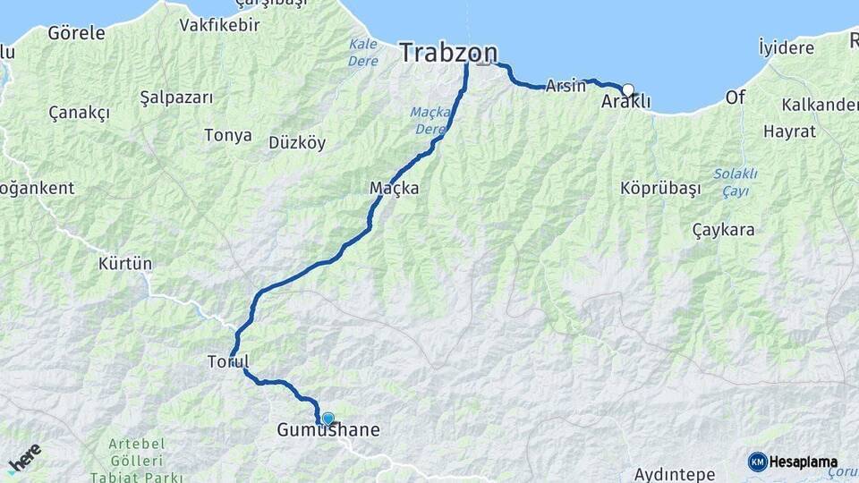 Gümüşhane Araklı Trabzon Arası Kaç Km - Yol Haritası