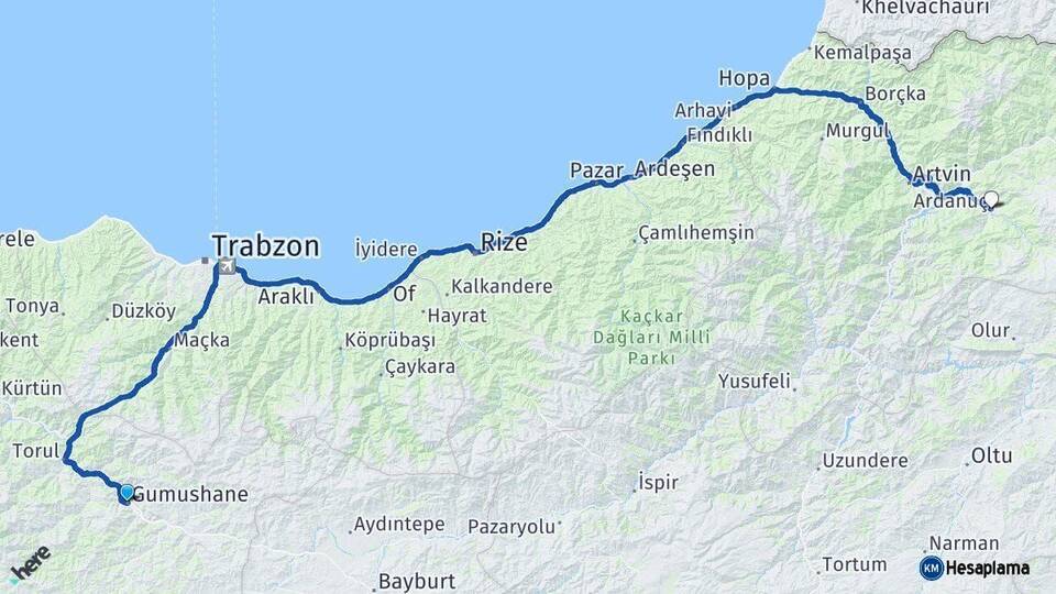 Gümüşhane Ardanuç Artvin Arası Kaç Km - Yol Haritası