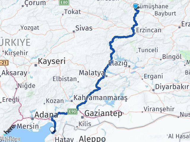 Gümüşhane Arsuz Hatay Arası Kaç Km - Yol Haritası