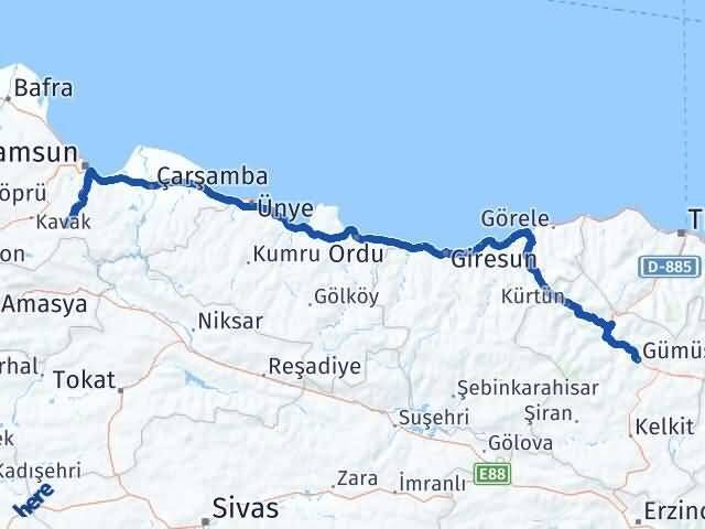 Gümüşhane Asarcık Samsun Arası Kaç Km - Yol Haritası