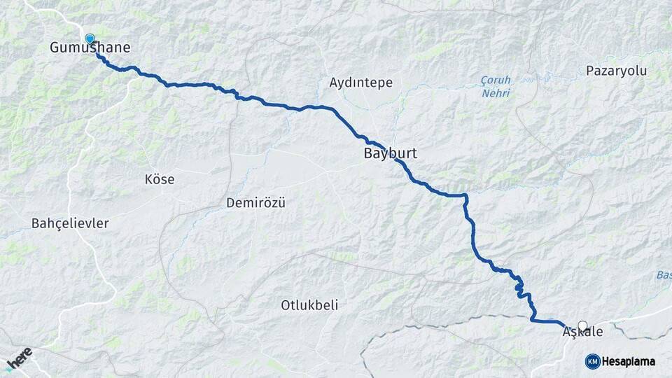 Gümüşhane Aşkale Erzurum Arası Kaç Km - Yol Haritası