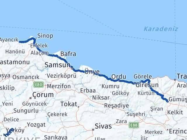 Gümüşhane Ayancık Sinop Arası Kaç Km - Yol Haritası
