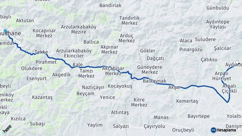 Gümüşhane Aydıntepe Bayburt Arası Kaç Km - Yol Haritası