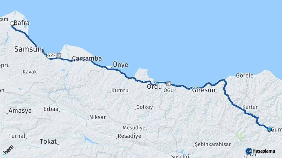 Gümüşhane Bafra Samsun Arası Kaç Km - Yol Haritası