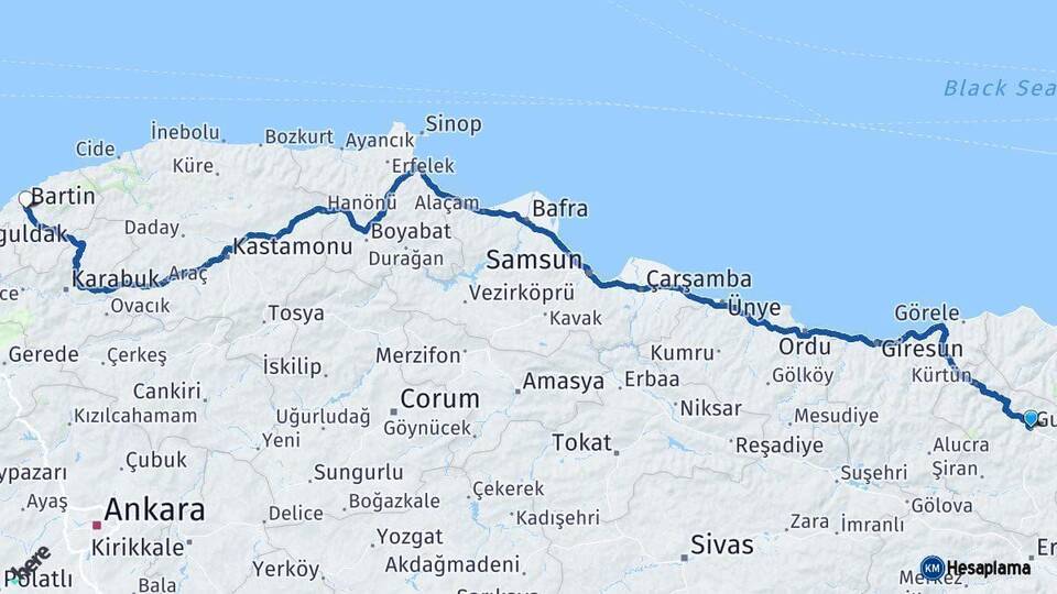 Gümüşhane Bartın Arası Kaç Km - Yol Haritası