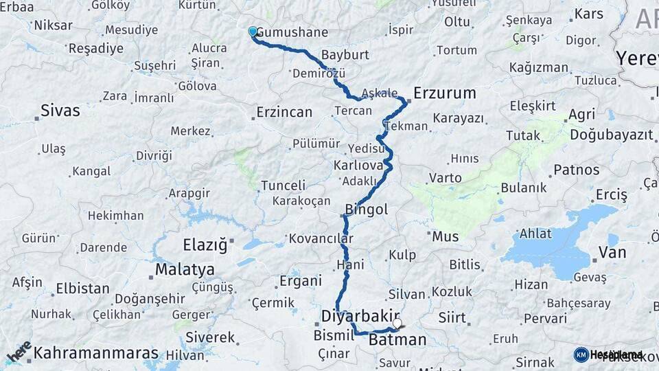Gümüşhane Batman Arası Kaç Km - Yol Haritası
