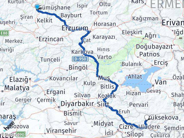 Gümüşhane Beytüşşebap Şırnak Arası Kaç Km - Yol Haritası