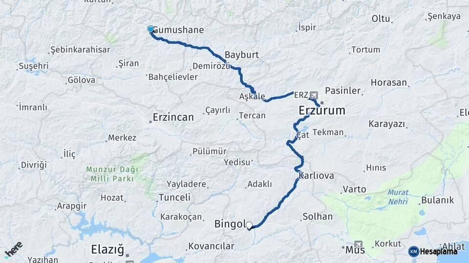 Gümüşhane Bingöl Arası Kaç Km - Yol Haritası