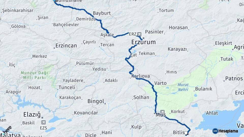 Gümüşhane Bitlis Arası Kaç Km - Yol Haritası