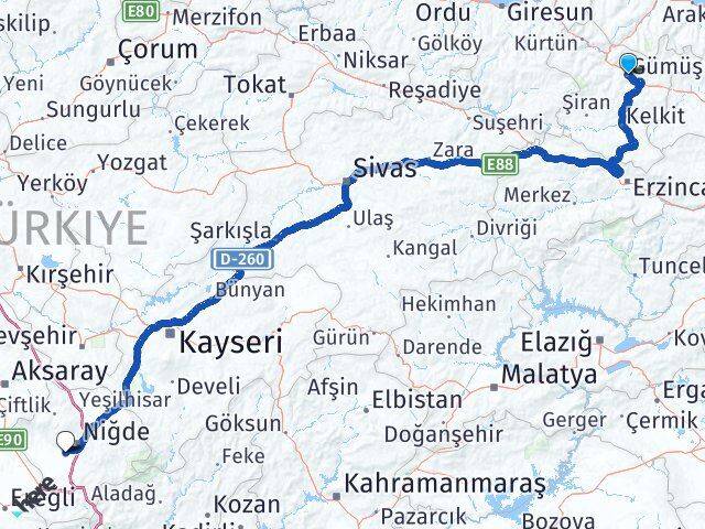 Gümüşhane Bor Niğde Arası Kaç Km - Yol Haritası