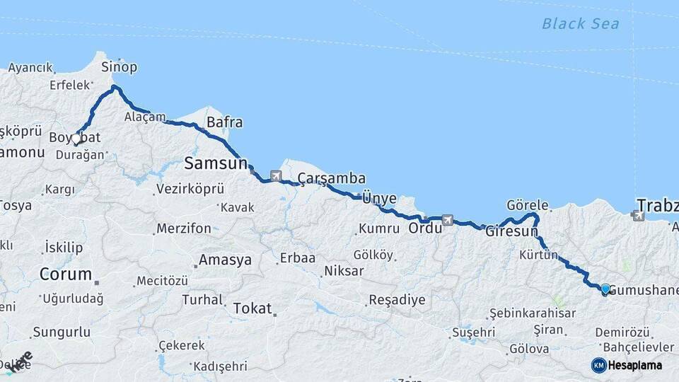 Gümüşhane Boyabat Sinop Arası Kaç Km - Yol Haritası