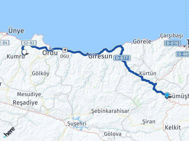 Gümüşhane Çamaş Ordu Arası Kaç Km - Yol Haritası
