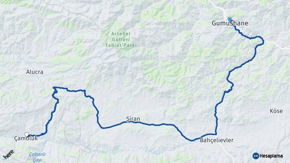 Gümüşhane Çamoluk Giresun Arası Kaç Km - Yol Haritası