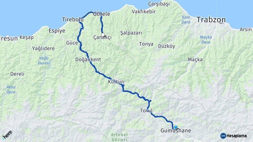 Gümüşhane Çanakçı Giresun Arası Kaç Km - Yol Haritası