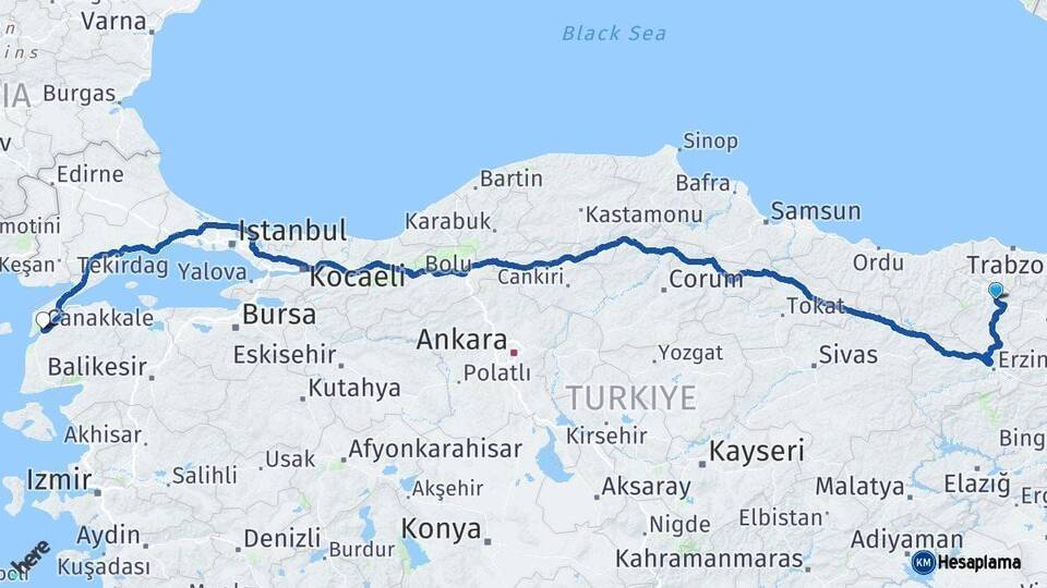 Gümüşhane Çanakkale Arası Kaç Km - Yol Haritası