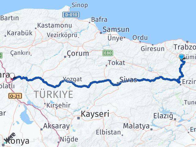 Gümüşhane Çankaya Ankara Arası Kaç Km - Yol Haritası