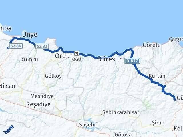 Gümüşhane Çaybaşı Ordu Arası Kaç Km - Yol Haritası