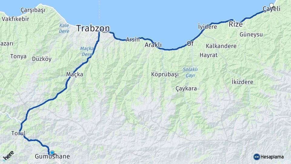 Gümüşhane Çayeli Rize Arası Kaç Km - Yol Haritası