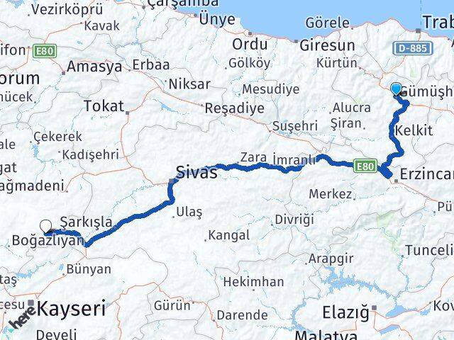 Gümüşhane Çayıralan Yozgat Arası Kaç Km - Yol Haritası