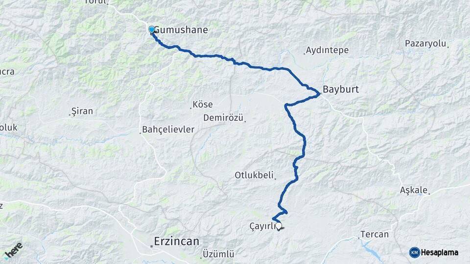 Gümüşhane Çayırlı Erzincan Arası Kaç Km - Yol Haritası
